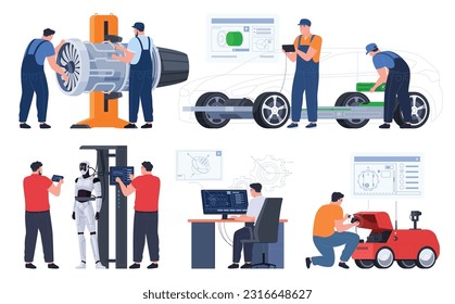 Development of maintenance and repair of the latest technological items. Engineers near engines and new technologies. Improvement and development of technical innovations. Vector illustration