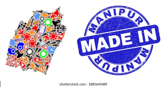 Development Manipur State map mosaic and MADE IN scratched rubber stamp. Manipur State map collage formed with wrenches, gearwheels, tools,elements,vehicles,electricity strikes,bugs.