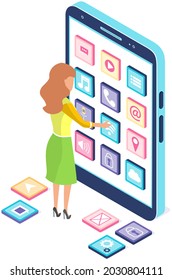 Development of mobile application, program for smartphone concept. People standing near phone with application icons on screen. Programming, software development, apps for electonic devices
