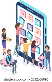 Development of mobile application, program for smartphone concept. People standing near phone with application icons on screen. Programming, software development, apps for electonic devices