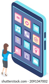 Development of mobile application, program for smartphone concept. Woman standing near phone with application icons on screen. Girl works with software development, apps for electonic devices
