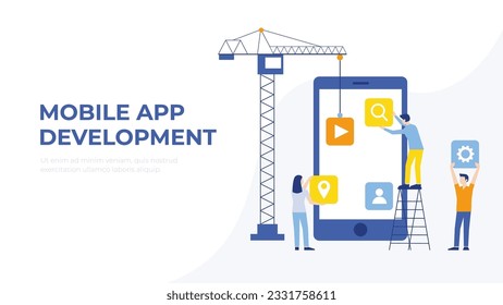 Development of mobile applications.  Creating apps and software for smartphones. Modern vector illustration 