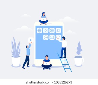 Development of mobile apps concept. Small people character are setting near big smartphone and develop mobile apps. Trendy flat style. Vector illustration.