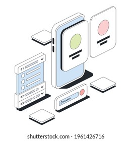 Development of a mobile device interface, usability. Vector 3d line isometric, web icons, blue color. Creative design idea for infographics.