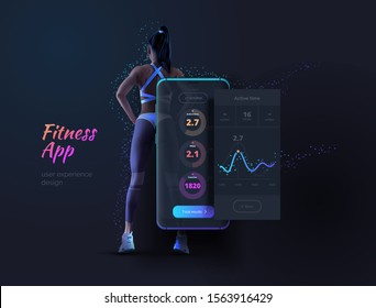 Development of a mobile fitness app. Mobile phone with app layout for sports, healthy lifestyle. Layout of a mobile application with diagrams, statistics, results. Vector illustration.