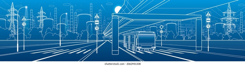 Development modern city. Empty street of night town. Illuminated highway. Transport infrastructure. Technical bridge over road. Factory thermal power plant. White lines on blue background. Vector art