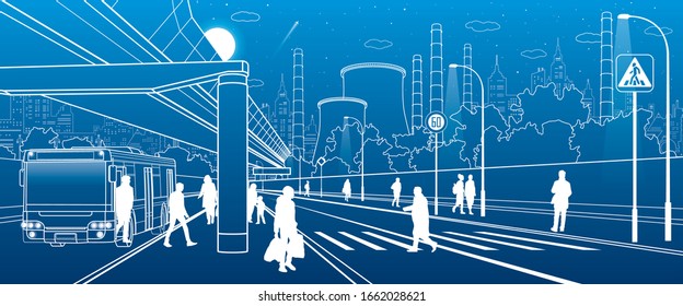 Entwicklung einer modernen städtischen Infrastruktur. Leute gehen auf der Straße. Leuchtende Autobahn. Fabrikwärmeleitung. Nachtstadtszene. Weiße Linien auf blauem Hintergrund. Vektorillustration Design Art