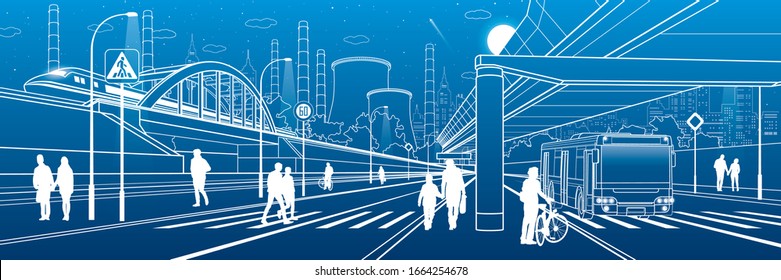 Development modern city. People walking at the street. Illuminated highway. Transport infrastructure. Factory thermal power plant. Night town scene. White lines on blue background. Vector design art