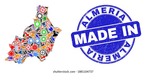 Development mosaic Almeria Province map and MADE IN distress rubber stamp. Almeria Province map collage designed with spanners,cogs,screwdrivers,items,transports,power strikes,details.