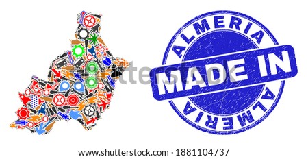 Development mosaic Almeria Province map and MADE IN distress rubber stamp. Almeria Province map collage designed with spanners,cogs,screwdrivers,items,transports,power strikes,details.