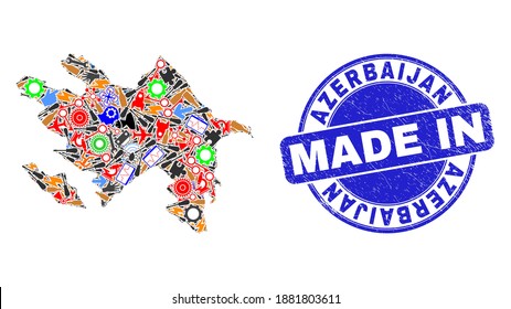 Development mosaic Azerbaijan map and MADE IN distress stamp. Azerbaijan map abstraction composed with spanners,cogs,instruments,elements,cars, electric sparks,details.