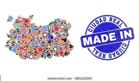 Development mosaic Ciudad Real Province map and MADE IN textured stamp. Ciudad Real Province map composition formed with wrenches,wheels,instruments,components,transports,power sparks,details.