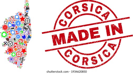 Development mosaic Corsica map and MADE IN textured seal. Corsica map mosaic created with spanners, gearwheels, screwdrivers, aviation symbols, cars, power strikes, rockets.