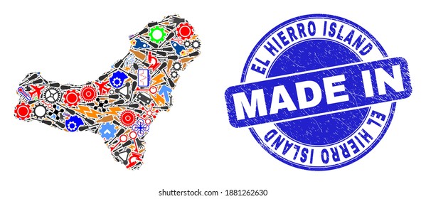 Development mosaic El Hierro Island map and MADE IN distress rubber stamp. El Hierro Island map abstraction created from spanners,wheels,instruments,,keys,vehicles, electric sparks,details.