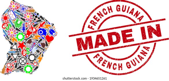Development mosaic French Guiana map and MADE IN textured stamp. French Guiana map mosaic composed from wrenches, gear wheels, screwdrivers, items, transports, electric bolts, details.