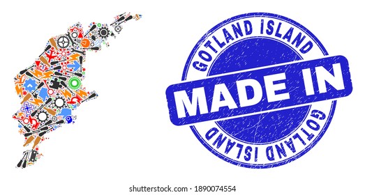 Mosaico de desarrollo del mapa de la isla Gotland y sello texturizado MADE IN. Collage de mapas de la isla Gotland compuesto por: pulseras, cogs, instrumentos, llaves, transportes, chispas eléctricas, bichos.