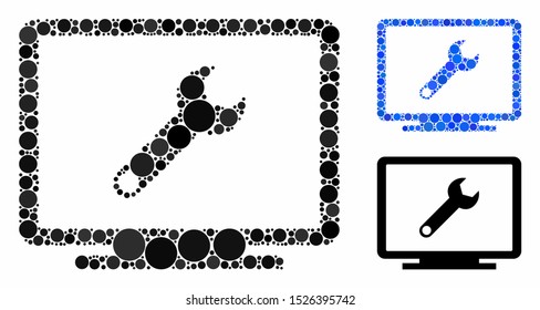 Development mosaic for development icon of filled circles in various sizes and shades. Vector filled circles are combined into blue mosaic. Dotted development icon in usual and blue versions.