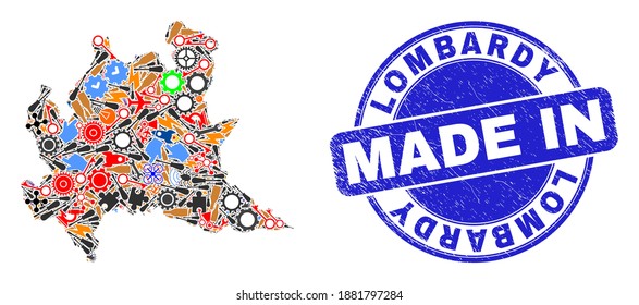 Development mosaic Lombardy region map and MADE IN grunge rubber stamp. Lombardy region map collage designed with spanners, gearwheels,instruments,,keys,transports, electric bolts,details.