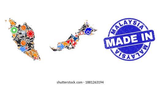 Development mosaic Malaysia map and MADE IN grunge stamp seal. Malaysia map mosaic designed with wrenches,cogs, tools,items,transports, electric sparks,details.