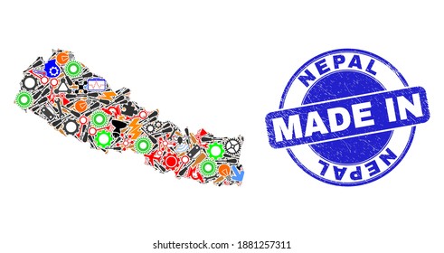 Development mosaic Nepal map and MADE IN grunge stamp seal. Nepal map mosaic composed with wrenches,wheel, tools,components,vehicles, electric strikes,bugs.
