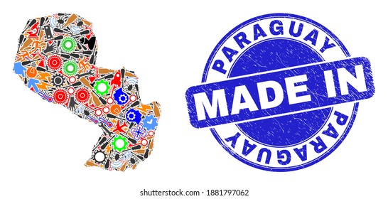 Development mosaic Paraguay map and MADE IN distress rubber stamp. Paraguay map mosaic created with wrenches,wheels, tools,components,cars, electric sparks,bugs.