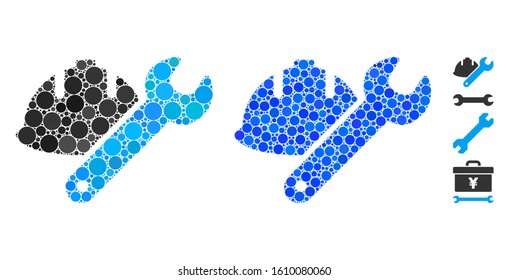 Development mosaic of round dots in variable sizes and color tints, based on development icon. Vector round dots are grouped into blue composition. Dotted development icon in usual and blue versions.