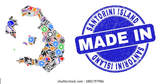 Development mosaic Santorini Island map and MADE IN grunge stamp. Santorini Island map abstraction created with spanners,wheel,screwdrivers,items,cars,electricity bolts,rockets.