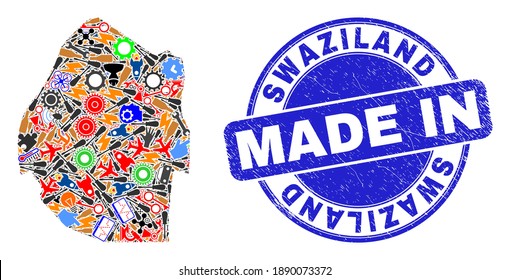 Development mosaic Swaziland map and MADE IN distress watermark. Swaziland map mosaic created with wrenches,cogs,instruments,components,vehicles, electric strikes,rockets.