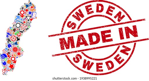 Development Mosaic Sweden Map and Made in Scratched Stamp Seal