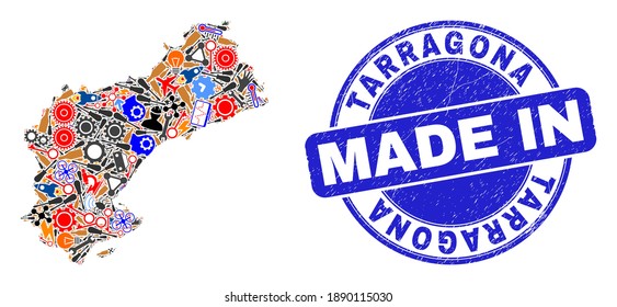 Mapa del mosaico de desarrollo de la provincia de Tarragona y sello de goma grunge MADE IN. Collage de mapas de la provincia de Tarragona creado a partir de pulseras, cogs, destornilladores, elementos, vehículos, pernos eléctricos, detalles.