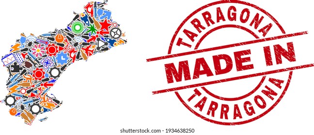 Mapa del mosaico de desarrollo de la provincia de Tarragona y sello de caucho texturizado MADE IN. Abstracción de mapas de la provincia de Tarragona formada por pulseras, engranajes, instrumentos, símbolos de aviación, vehículos, pernos eléctricos,