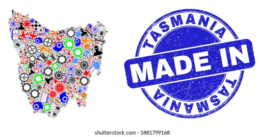 Development mosaic Tasmania Island map and MADE IN scratched stamp. Tasmania Island map collage designed with spanners,wheel,instruments,components,cars,power sparks,details.