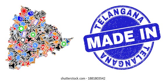 Mosaico de desarrollo del mapa del estado de Telangana y MADE EN precinto de socorro. Collage de mapas del estado de Telangana formado por palangreros, ruedas, herramientas, artículos, transportes, chispas eléctricas, cohetes.