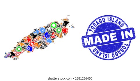Development mosaic Tobago Island map and MADE IN textured seal. Tobago Island map collage created with wrenches,cogs, tools,components,cars, electric sparks,details.