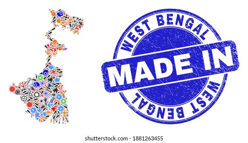 Development mosaic West Bengal State map and MADE IN textured stamp. West Bengal State map mosaic formed with spanners, gearwheels,screwdrivers,elements,vehicles, electric bolts,details.