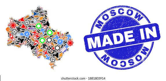 Desarrollo de la región de Moscú mapa mosaico y marca de agua arañada MADE IN. Mosaico de mapa de la región de Moscú diseñado con spanners, ruedas, destornilladores, artículos, transportes, golpes de electricidad, detalles.