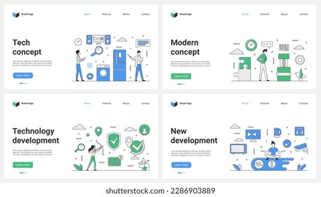 Development of new modern technology set vector illustration. Cartoon tiny people use tech digital solutions for smart home appliances, online security and office work, protect data with shield
