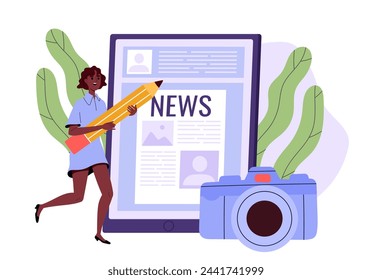 Development of news concept. Woman with huge pencil and video camera near smartphone or digital tablet with online newspaper. Mass media worker, journalist. Cartoon flat vector illustration