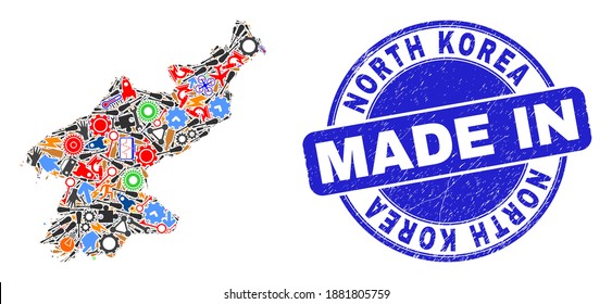 Development North Korea map mosaic and MADE IN scratched rubber stamp. North Korea map abstraction composed from wrenches,wheels,instruments,elements,transports, electric sparks,bugs.