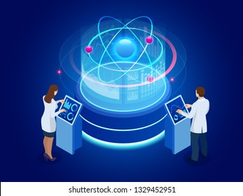 Development Of Nuclear Or Atomic Technology. Interaction Of Different Studies. Isometric Vector Illustration