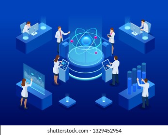 Development of nuclear or atomic technology. Interaction of different studies. Isometric vector illustration