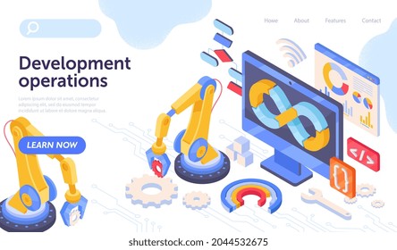 Development operations with special equipment on white background. Process of software production and administration. Website, web page, landing page template. Isometric cartoon vector illustration