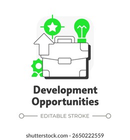 Development opportunities flat outline concept icon. Employee growth, professional. Business career. Goal focus. Modern line illustration with green glyphs. Conceptual visual. Easy to edit