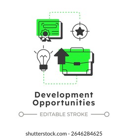 Development opportunities modern linear concept icon. Employee growth, professional. Business career. Flat outline elements connected with dotted lines. Creative visual. Easy to edit