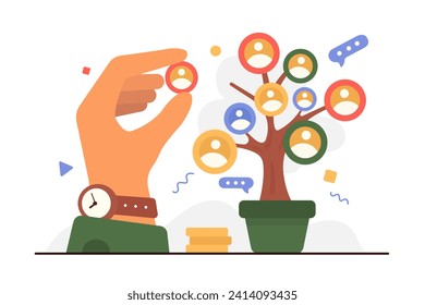 Development and organization of corporate company team, employment. Giant leader and boss hand adding icon with employees portrait to tree to join new colleague in teamwork cartoon vector illustration