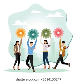 Development or organizational concept, businessman people connect gear cogwheels together to team support for best efficiency or productivity.