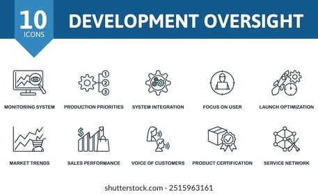 Conjunto de iconos de línea delgada de supervisión de desarrollo. Sistema De Monitoreo, Prioridades De Producción, Integración De Sistemas, Enfoque En El Usuario, Optimización Del Lanzamiento, Tendencias Del Mercado, Rendimiento De Ventas, Voz De Clientes