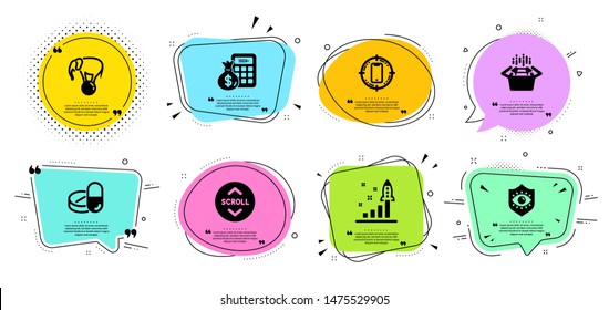 Development plan, Finance calculator and Packing boxes line icons set. Chat bubbles with quotes. Scroll down, Medical drugs and Elephant on ball signs. Vector