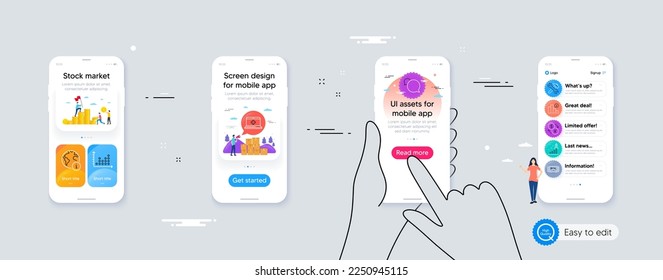 Development plan, Messenger and Image carousel minimal line icons. Phone ui interface. Repair, Currency exchange, Medical help icons. Internet, Dot plot, Decreasing graph web elements. Vector