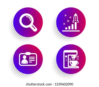 Development plan, Research and Id card icons simple set. Halftone dots button. Coffee maker sign. Strategy, Magnifying glass, Human document. Tea machine. Technology set. Vector